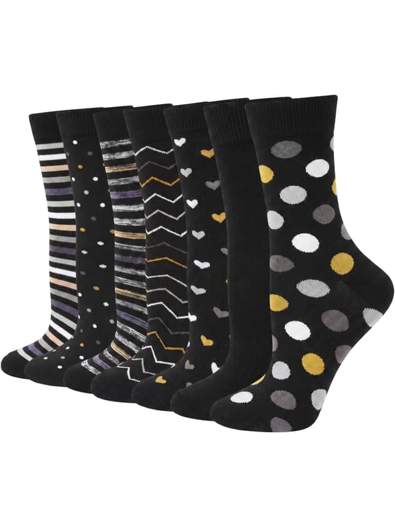 Womens Crew Socks, 7 Pairs Cotton Black Funny Casual Soft Dress Socks for Women Ladies Size 9-11