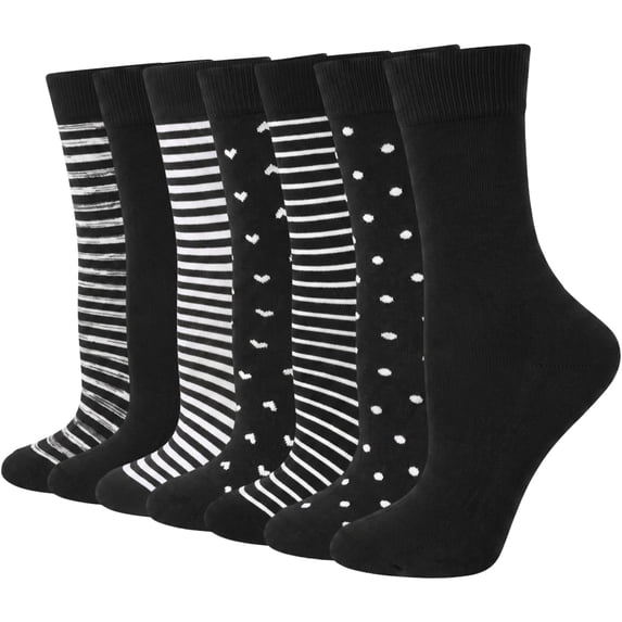 Loritta Secret Womens Crew Socks, 7 Pairs Cotton Black Funny Casual Soft Dress Socks for Women Ladies Size 9-11