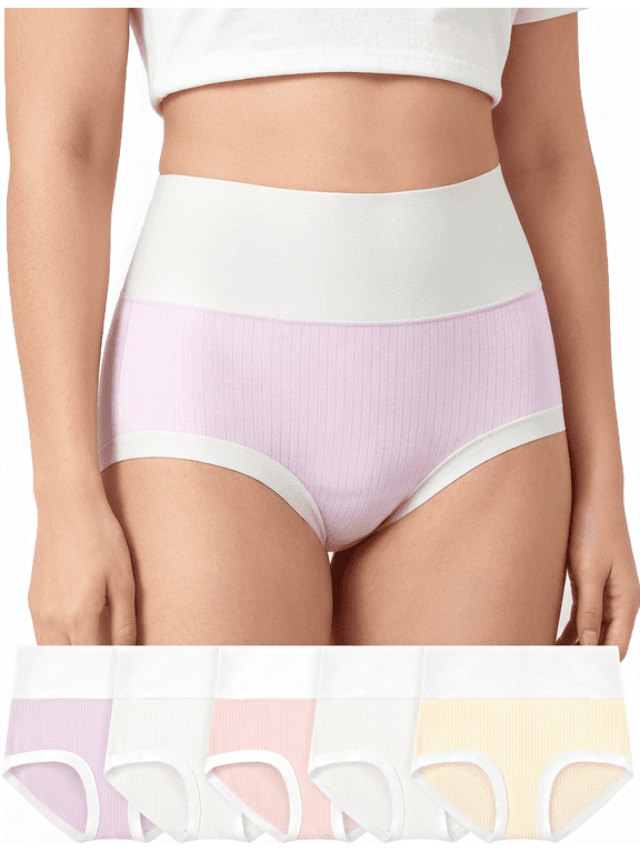 Womens Panties, High Waisted Full Coverage Cotton Briefs 5-Pack Breathable Seamless Underwear for Women S-2XL