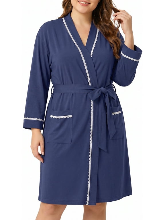 Robe for Women 3/4 Sleeves Lace Trim Knit Lightweight Knee Length Bathrobe Soft Sleepwear Robe with Pockets