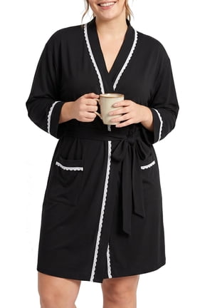 Robe for Women 3/4 Sleeves Lace Trim Knit Lightweight Knee Length Bathrobe Soft Sleepwear Robe with Pockets