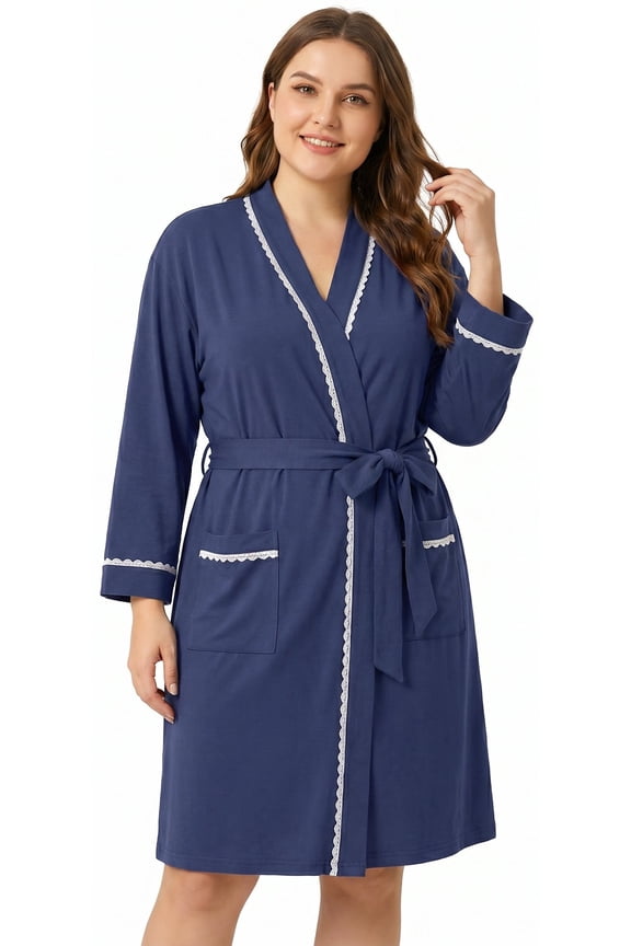 Robe for Women 3/4 Sleeves Lace Trim Knit Lightweight Knee Length Bathrobe Soft Sleepwear Robe with Pockets
