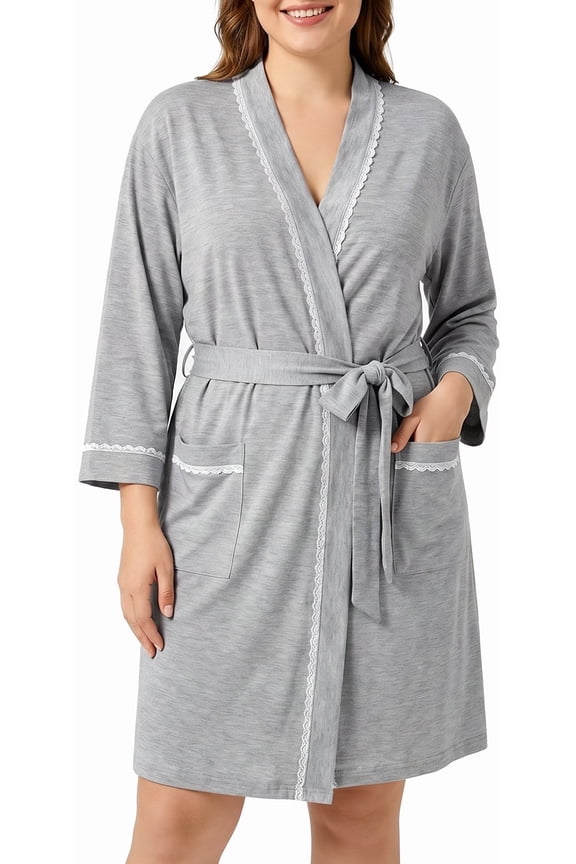 Robe for Women 3/4 Sleeves Lace Trim Knit Lightweight Knee Length Bathrobe Soft Sleepwear Robe with Pockets