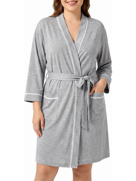 Robe for Women 3/4 Sleeves Lace Trim Knit Lightweight Knee Length Bathrobe Soft Sleepwear Robe with Pockets