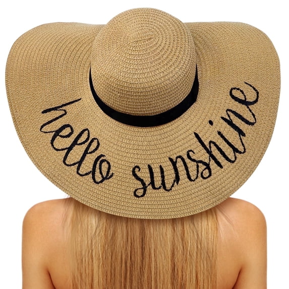 Loritta Sun Hats for Women Wide Brim Straw Embroidered Floppy Foldable UPF 50+ Beach Hats, Khaki