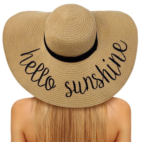 Loritta Sun Hats Sale for Women Khaki Wide Brim Straw Embroidered Floppy Foldable UPF 50+ Beach Hats