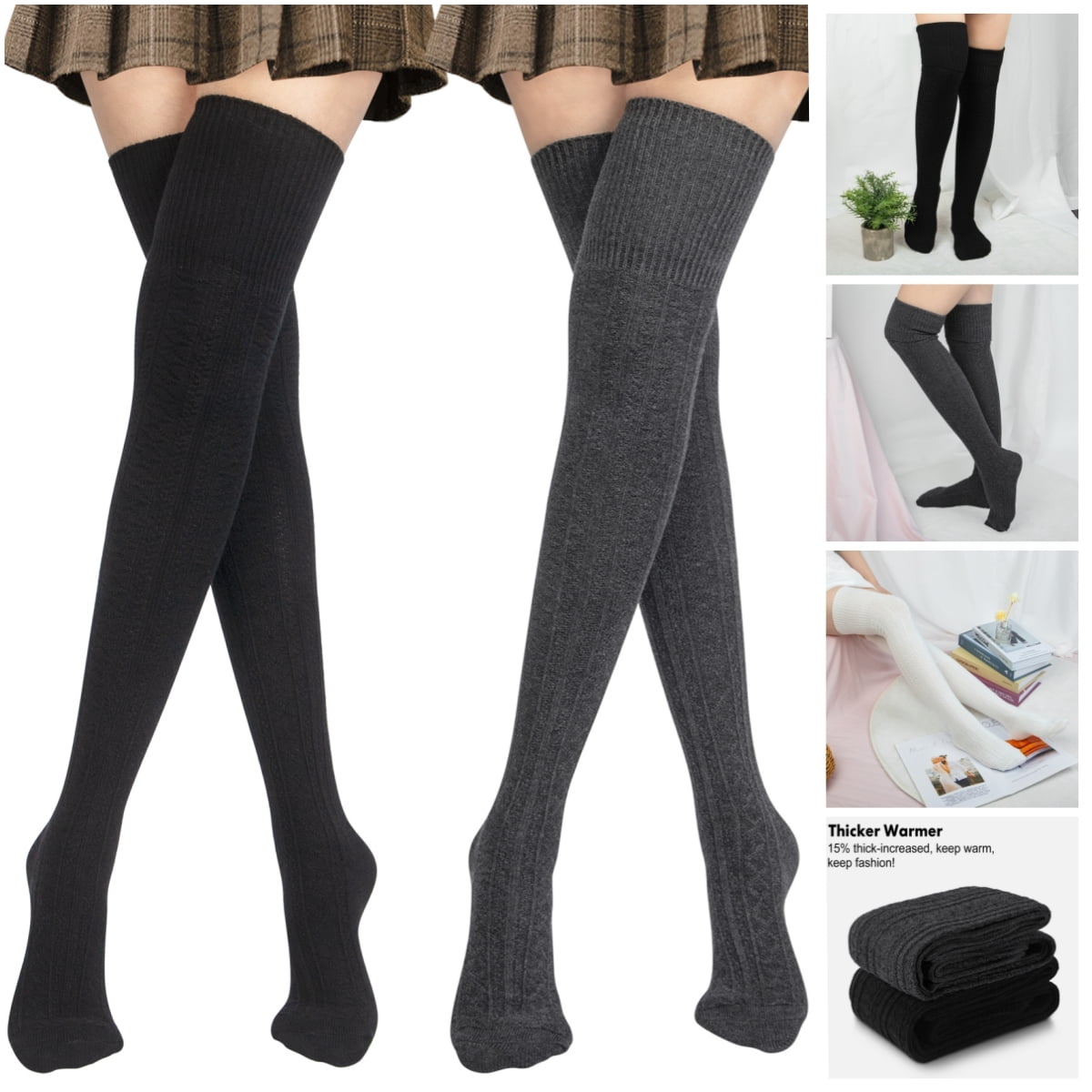 Loritta Thick Thigh High Socks for Women Extra Long Cotton Knit Warm Tall  Long Boot Stockings Leg Warmers Size 6-9, 2 Pairs 