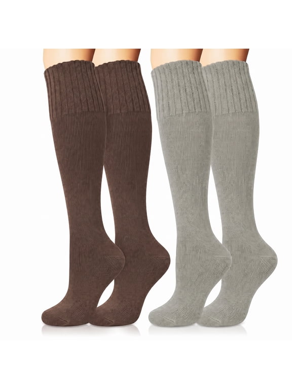 2 Pairs Women's Knee High Socks, Thick Cable Knit Warm Winter Boot Stockings, Size 6-9