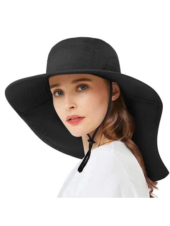 Outdoor Sun Hats for Women, Wide Brim UPF Protection Summer Garden Fishing Hat with Neck Flap, Dark