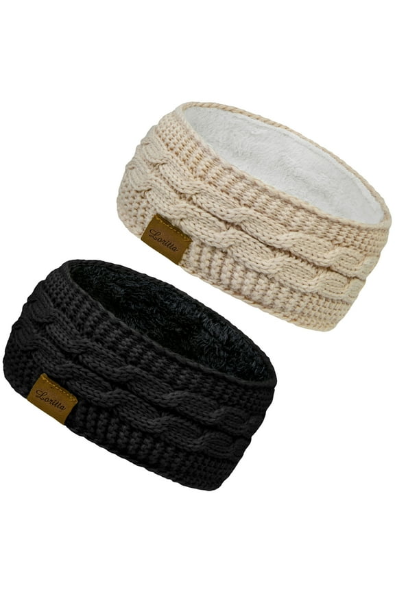 2 Packs Warm Winter Headbands for Women Gifts Cable Crochet Turban Ear Warmer Headband Gifts Beige and Black