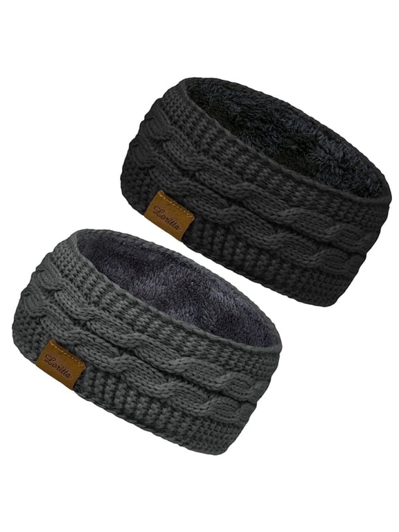 2 Packs Warm Winter Headbands for Women Gifts Cable Crochet Turban Ear Warmer Headband Gifts Black and Gray