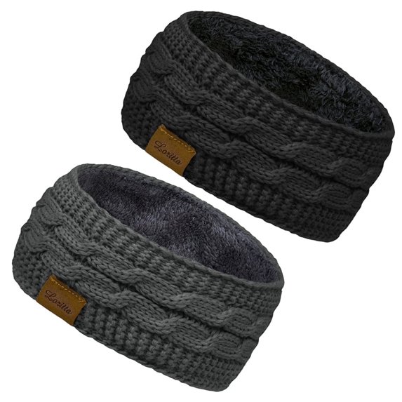 Loritta 2 Packs Warm Winter Headbands for Women Gifts Cable Crochet Turban Ear Warmer Headband Gifts Black and Gray