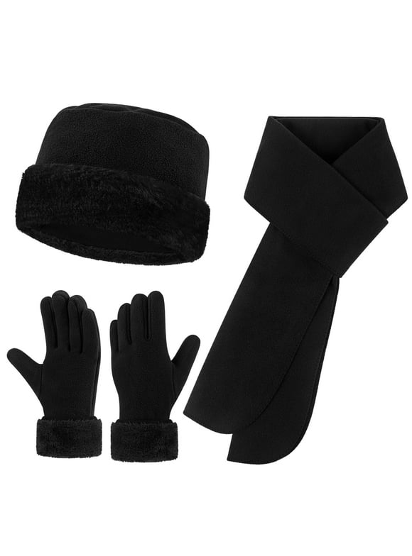 Women Beanie Hat Long Classic Scarf Warmer Gloves Set Winter Accessories for Women Black