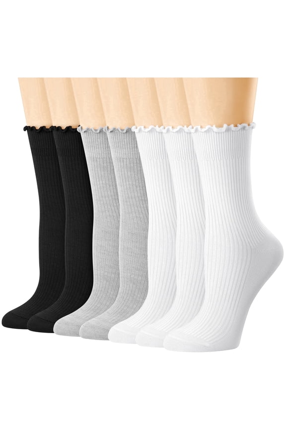 7 Pairs Ruffle Socks Womens Crew Socks Casual Cute Frilly Cotton Socks for Women Soft