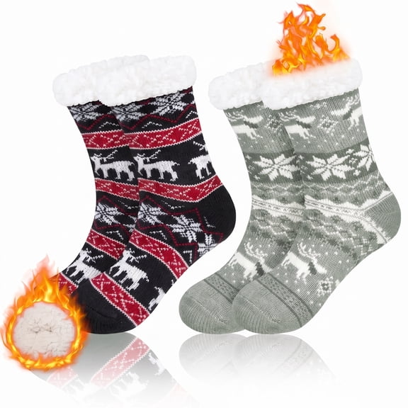 Loritta Women's Fuzzy Slipper Socks Winter Cozy Warm Thick Socks with Non-Slip Grippers, 2 Pairs