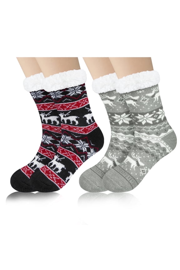 Women's Fuzzy Slipper Socks Winter Cozy Warm Thick Socks with Non-Slip Grippers, 2 Pairs