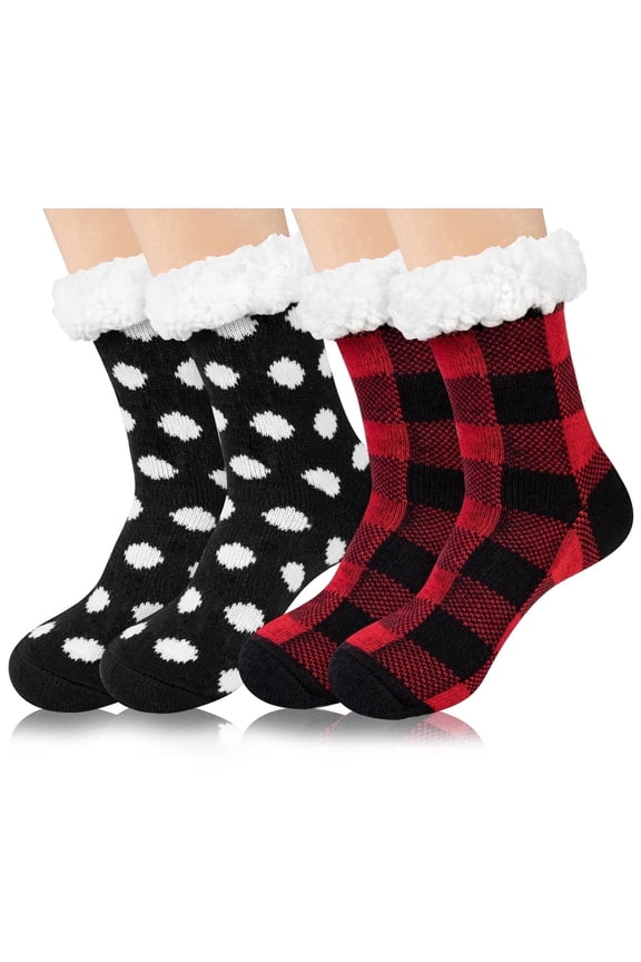 Women's Fuzzy Slipper Socks Winter Cozy Warm Thick Socks with Non-Slip Grippers, 2 Pairs