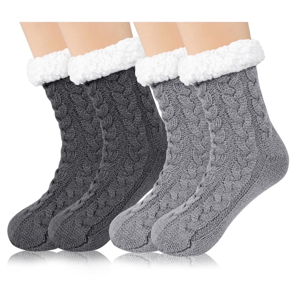 Loritta Women's Fuzzy Slipper Socks Winter Cozy Warm Thick Socks with Non-Slip Grippers, 2 Pairs