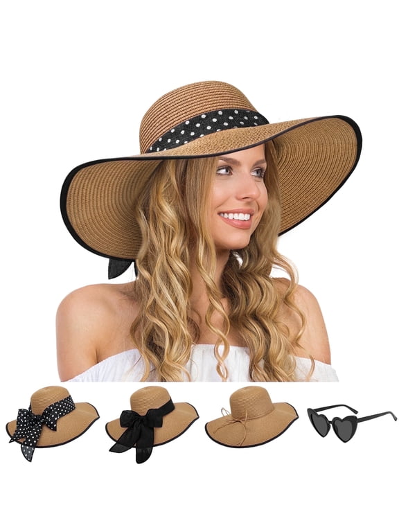 Straw Hats for Women, Wide Brim Floppy Foldable UPF 50+ Beach Sun Hat with Heart Shape Glasses