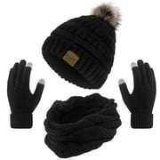 Loritta 3 Pcs Women Winter Hat and Gloves Sets, Beanies Knit Classic Neck Warmer and Touchscreen Gloves Black