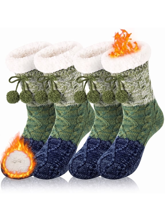 Women's Fuzzy Slipper Socks Winter Cozy Warm Thick Socks with Non-Slip Grippers, 2 Pairs