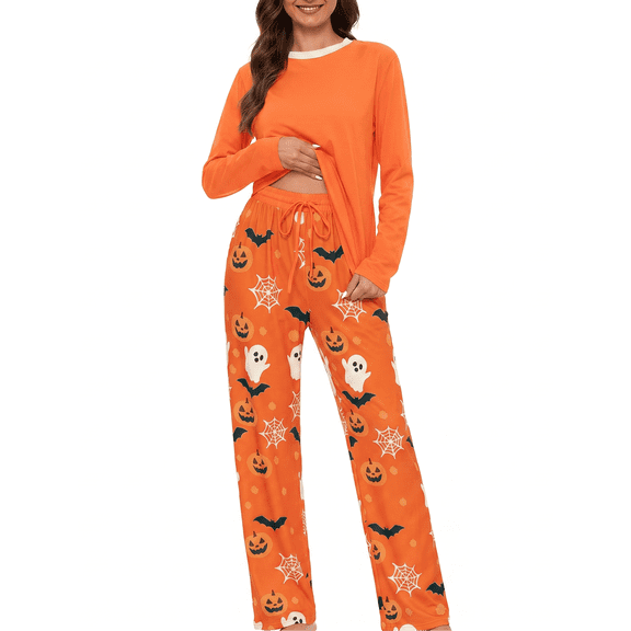 Loritta Halloween Women's Pajamas 2 Piece Set Long Sleeve Round Neck Sleepwear Lounge Sets with Pocket for Mother's Day Gifts S-2XL