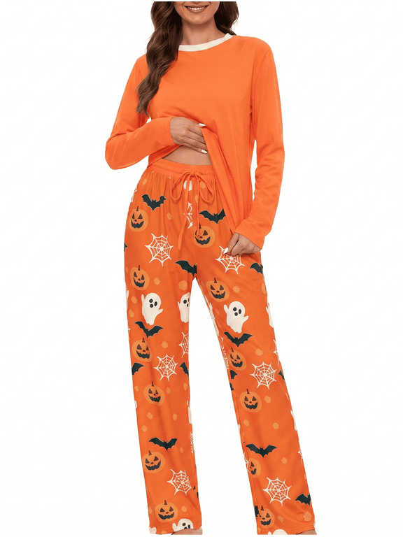Halloween Women's Pajamas 2 Piece Set Long Sleeve Round Neck Sleepwear Lounge Sets with Pocket for Mother's Day Gifts S-2XL