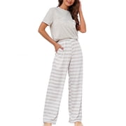 Loritta Womens Pajamas 2 Piece Set Summer Short Sleeve Round Neck Sleepwear Soft Striped Pants Lounge Sets with Pocket, S-2XL