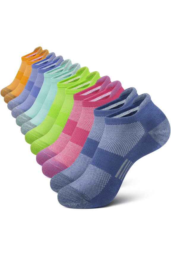 Womens Ankle Socks, Athletic Running Socks Cushioned Colored Socks 6 Pairs, Size 6-8