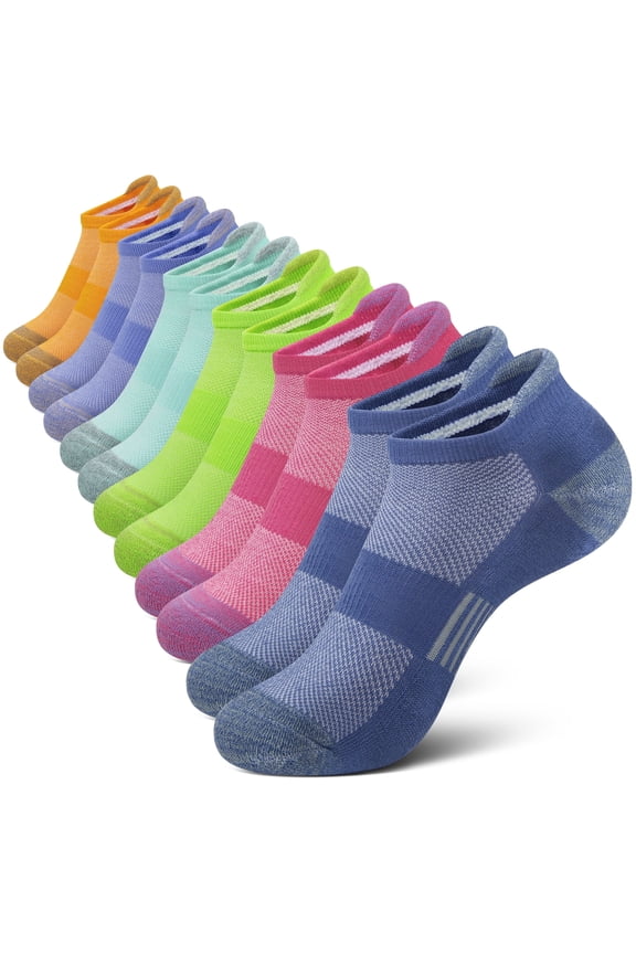 Womens Ankle Socks, Athletic Running Sports Cushioned Colored Socks 6 Pairs, Size 9-11