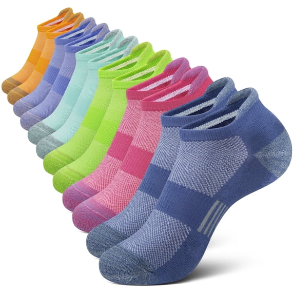 Loritta Womens Ankle Socks, Athletic Running Sports Cushioned Colored Socks 6 Pairs, Size 9-11