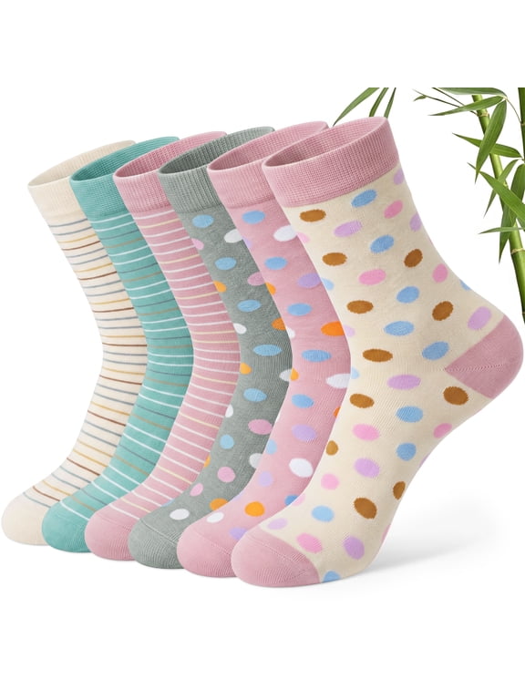 Women Crew Socks 6-Pack, Soft Bamboo Fiber Non-Binding Breathable Socks for Women, Size 9-11