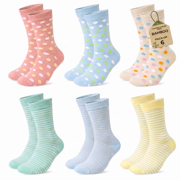 Loritta 6 Pairs Women's Bamboo Crew Socks, Soft Breathable Colorful Casual Dress Socks for Women, Size 9-11