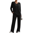thumbnail image 1 of Loritta 2 Piece Women's Pajama Set Soft Ribbed Long Sleeve V Neck Fall Lounge Set, Women Pants with Pockets, 1 of 6