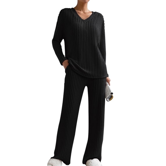 Loritta 2 Piece Women's Pajama Set Soft Ribbed Long Sleeve V Neck Fall Lounge Set, Women Pants with Pockets