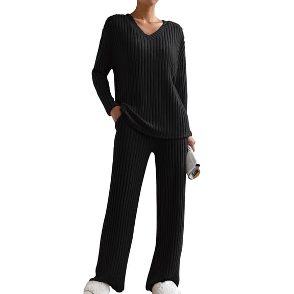 Loritta 2 Piece Women's Pajama Set Soft Ribbed Long Sleeve V Neck Fall Lounge Set, Women Pants with Pockets