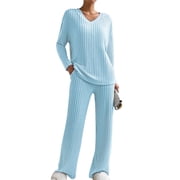 Loritta 2 Piece Womens Pajama Set Soft Ribbed Long Sleeve V Neck Fall Lounge Set, Women Pants with Pockets
