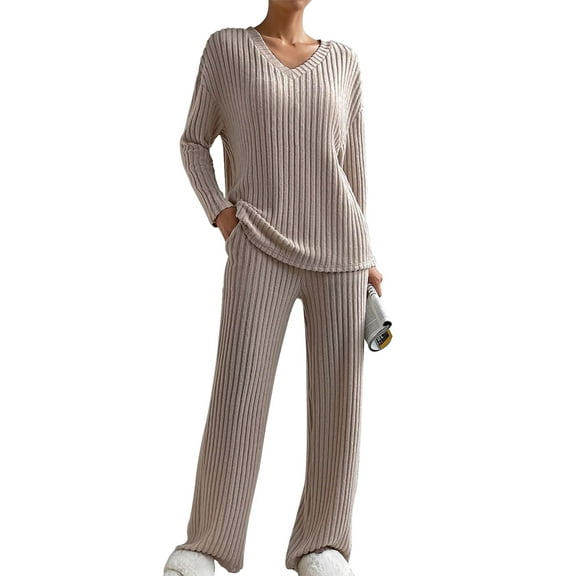 Loritta Womens Pajama Sets 2 Piece Long Sleeve Ribbed Pit Sleepwear Top and Pants Loungewear Outfits Pjs Sets with Pockets