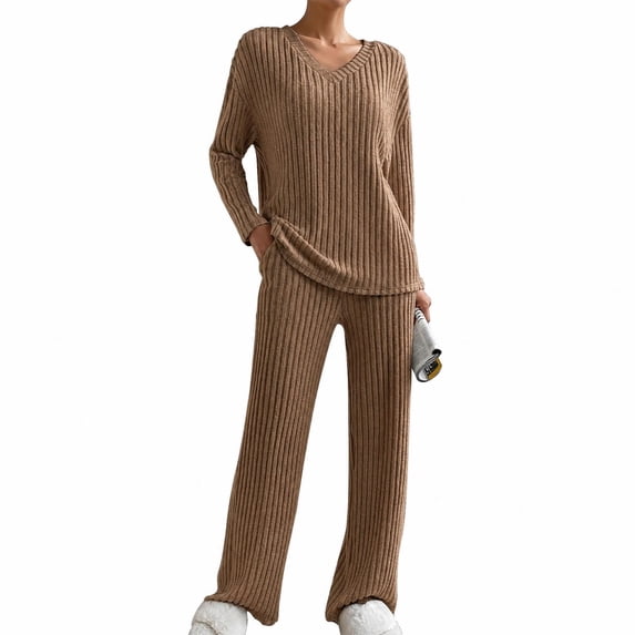 Loritta 2 Piece Women's Pajama Set Soft Ribbed Long Sleeve V Neck Fall Lounge Set, Women Pants with Pockets