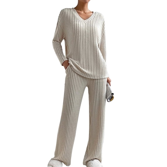 Loritta 2 Piece Women's Pajama Set Soft Ribbed Long Sleeve V Neck Fall Lounge Set, Women Pants with Pockets