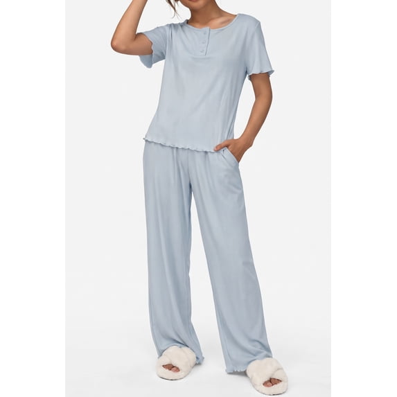 Loritta Womens Pajama Sets Knit Short Sleeve Long Pants Lounge Sets Breathable 2 Piece Pjs with Pockets Summer Blue S-2XL