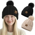 thumbnail image 1 of Loritta 2 Packs Womens Satin Silk Lined Beanie Knit Hat Woman Winter Hat with Pom Black and Khaki, 1 of 6