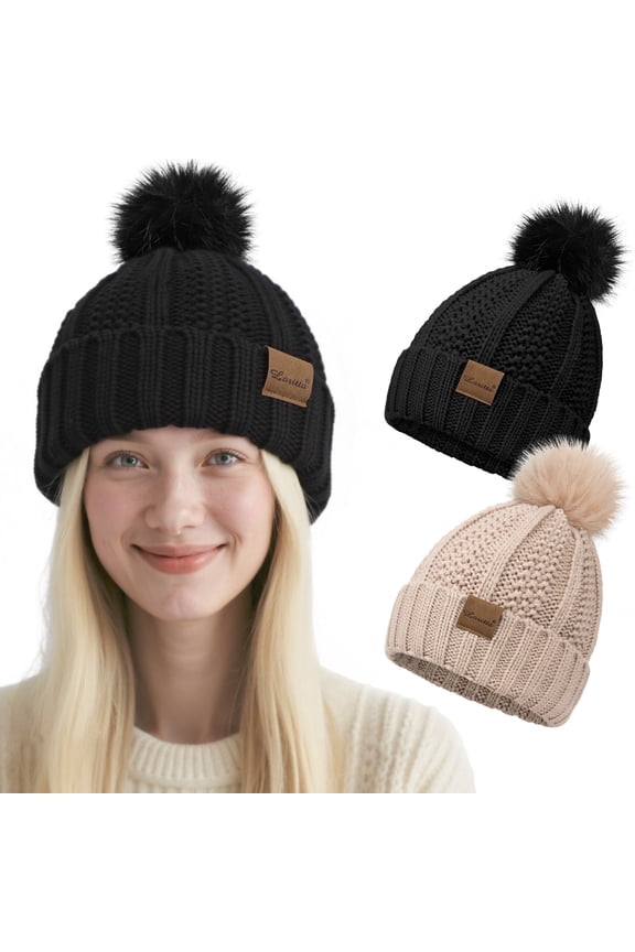 2 Packs Womens Satin Silk Lined Beanie Knit Hat Woman Winter Hat with Pom Black and Khaki