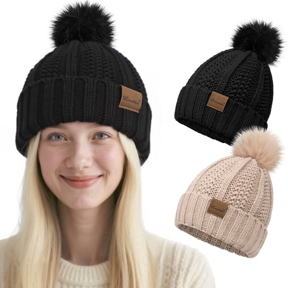 Loritta 2 Packs Womens Satin Silk Lined Beanie Knit Hat Woman Winter Hat with Pom Black and Khaki