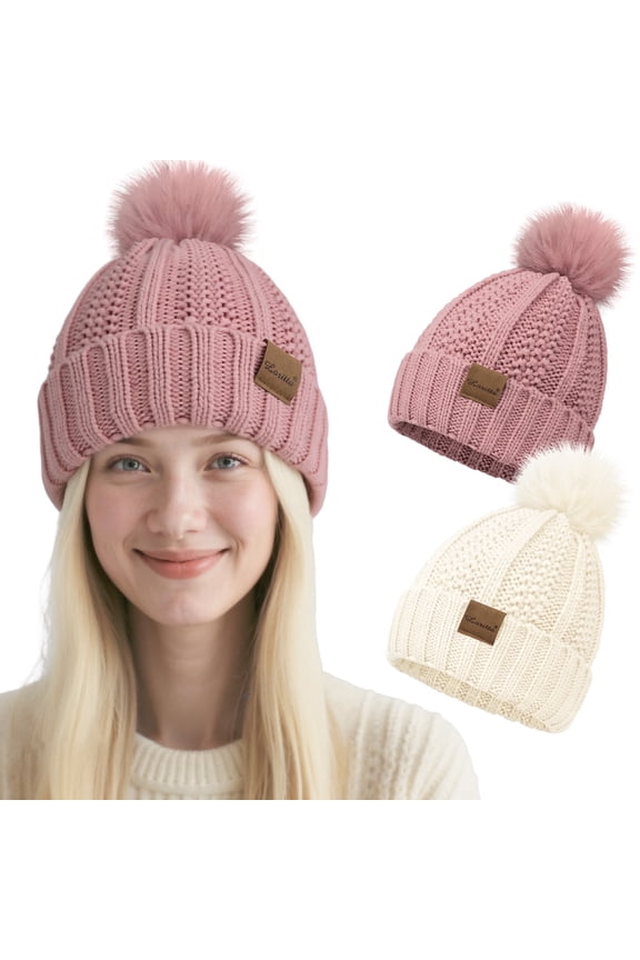 2 Packs Womens Satin Silk Lined Beanie Knit Hat Woman Winter Hat with Pom White and Pink