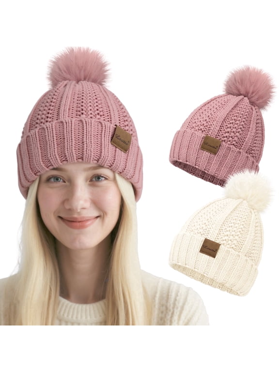 2 Packs Womens Satin Silk Lined Beanie Knit Hat Woman Winter Hat with Pom White and Pink
