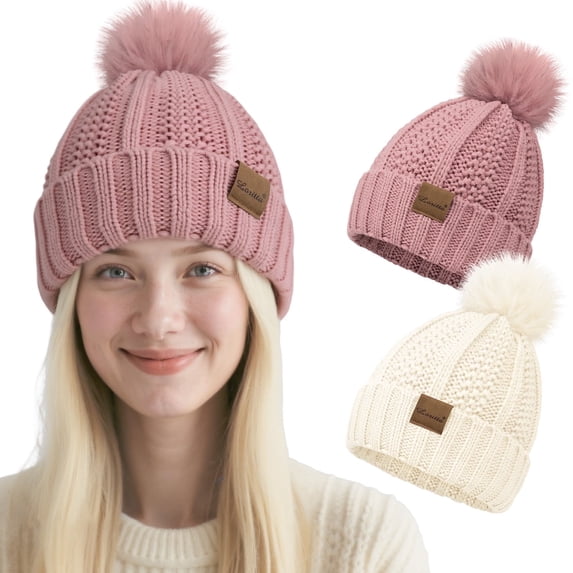 Loritta 2 Packs Womens Satin Silk Lined Beanie Knit Hat Woman Winter Hat with Pom White and Pink