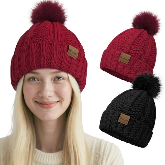 Loritta 2 Packs Womens Satin Silk Lined Beanie Knit Hat Woman Winter Hat with Pom Black and Red