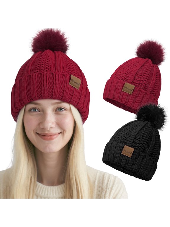 2 Packs Womens Satin Silk Lined Beanie Knit Hat Woman Winter Hat with Pom Black and Red