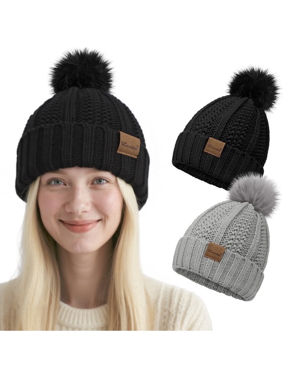 2 Packs Womens Satin Silk Lined Beanie Knit Hat Woman Winter Hat with Pom Black and Gray